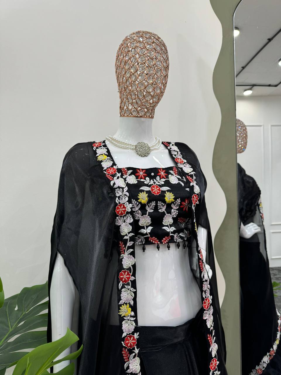 Black Elegant Dhoti Style Ensemble with Shrug & Unstitched Choli ClothsVilla