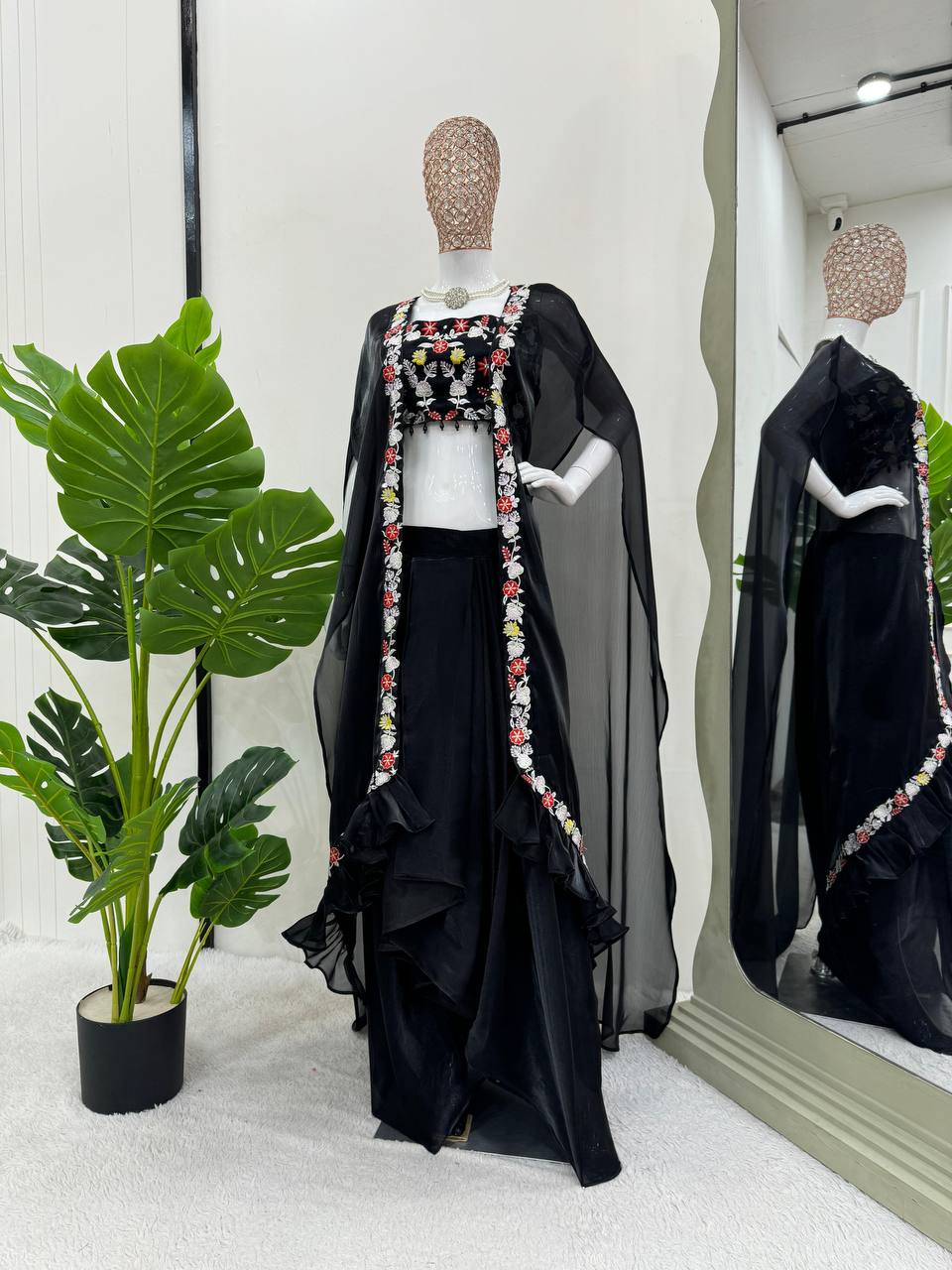 Black Elegant Dhoti Style Ensemble with Shrug & Unstitched Choli ClothsVilla