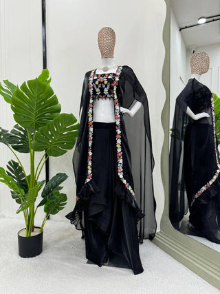 Black Elegant Dhoti Style Ensemble with Shrug & Unstitched Choli ClothsVilla