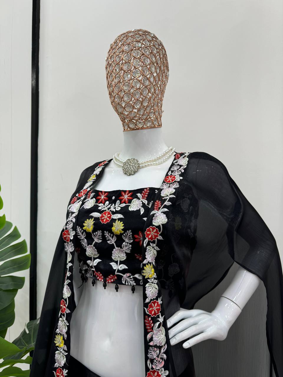 Black Elegant Dhoti Style Ensemble with Shrug & Unstitched Choli ClothsVilla