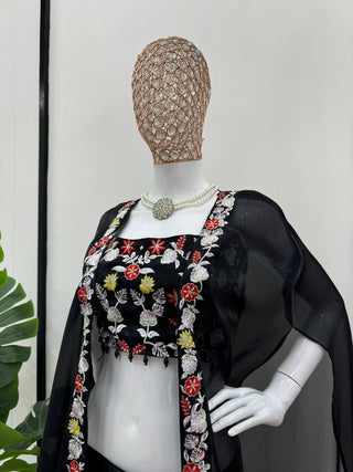 Black Elegant Dhoti Style Ensemble with Shrug & Unstitched Choli ClothsVilla