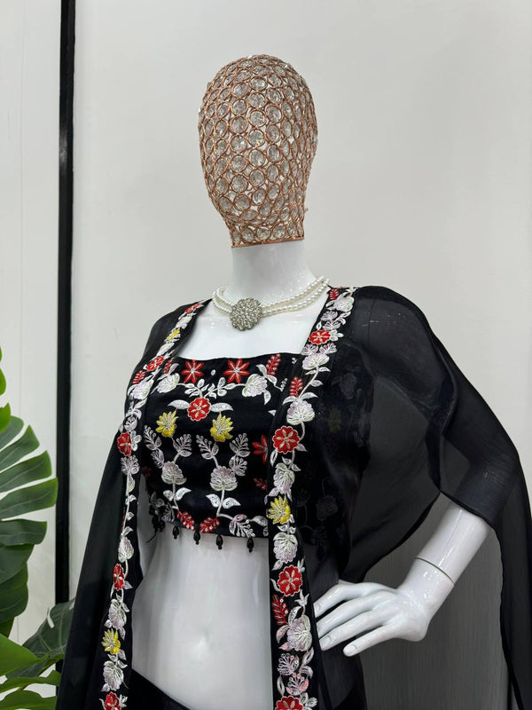 Black Elegant Dhoti Style Ensemble with Shrug & Unstitched Choli ClothsVilla