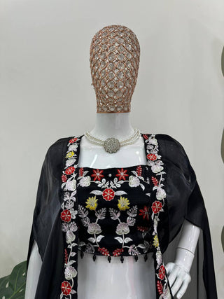 Black Elegant Dhoti Style Ensemble with Shrug & Unstitched Choli ClothsVilla