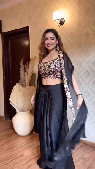 Black Elegant Dhoti Style Ensemble with Shrug & Unstitched Choli ClothsVilla