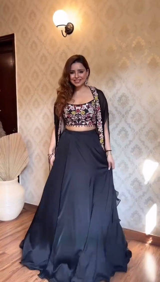 Black Elegant Dhoti Style Ensemble with Shrug & Unstitched Choli ClothsVilla