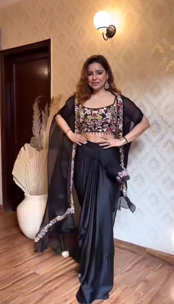 Black Elegant Dhoti Style Ensemble with Shrug & Unstitched Choli ClothsVilla