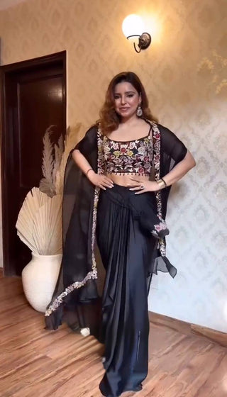 Black Elegant Dhoti Style Ensemble with Shrug & Unstitched Choli ClothsVilla