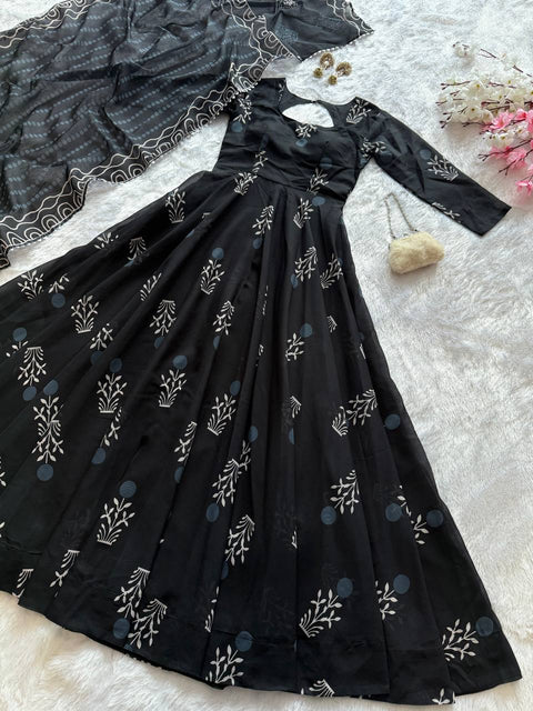 Black Elegant Digital Printed Cotton Anarkali Gown with Dupatta – Full-Length, Ready to Wear ClothsVilla Main image