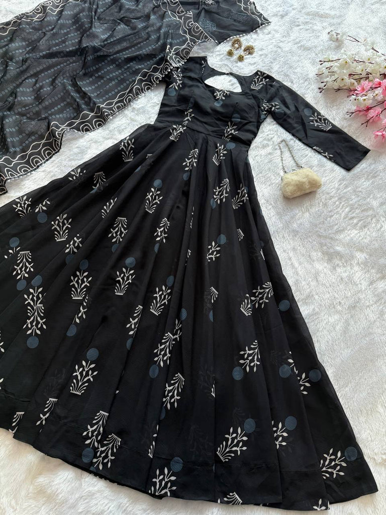 Black Elegant Digital Printed Cotton Anarkali Gown with Dupatta – Full-Length, Ready to Wear ClothsVilla