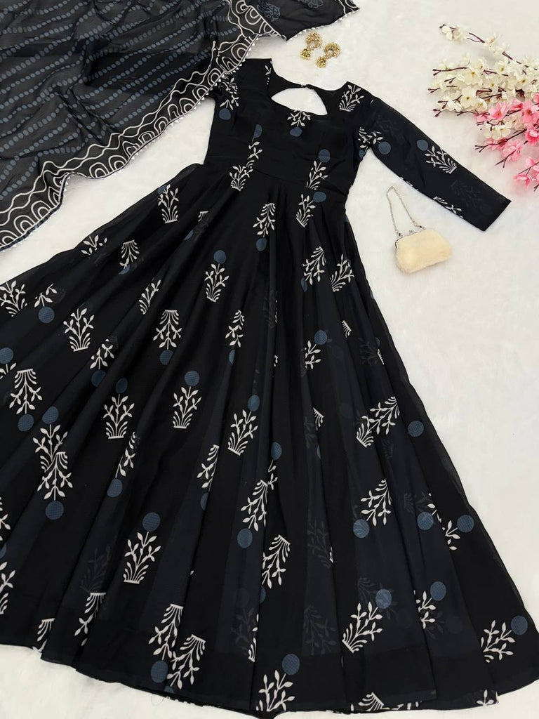 Black Elegant Digital Printed Cotton Anarkali Gown with Dupatta – Full-Length, Ready to Wear ClothsVilla