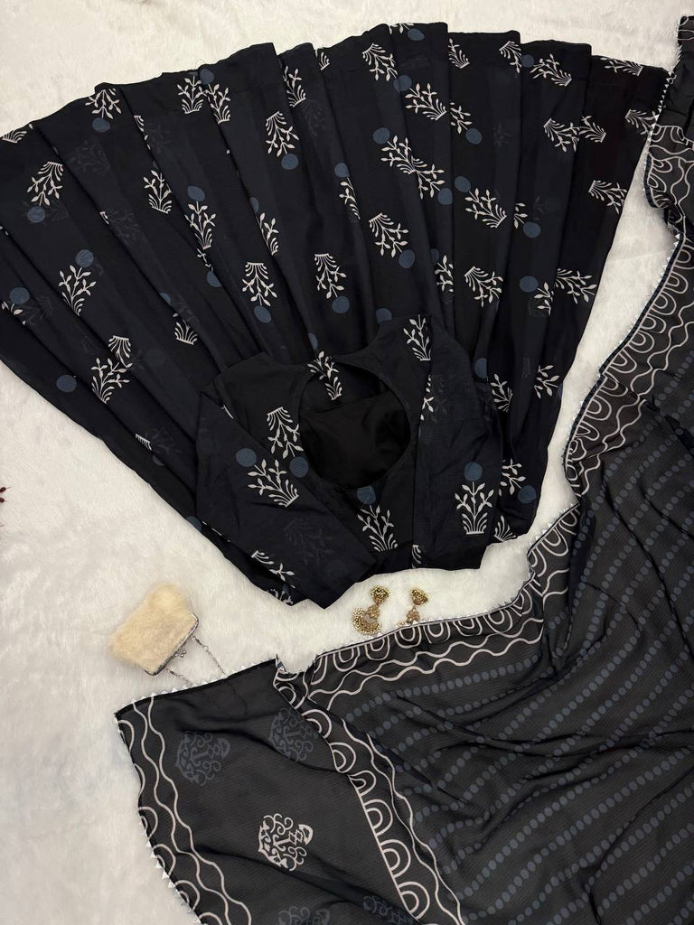 Black Elegant Digital Printed Cotton Anarkali Gown with Dupatta – Full-Length, Ready to Wear ClothsVilla