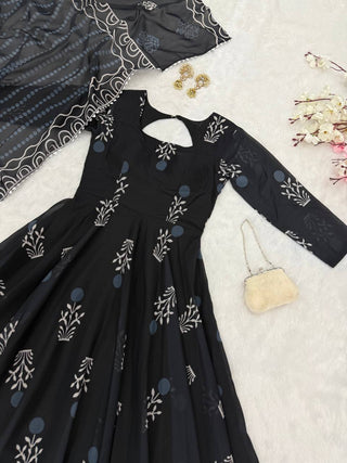 Black Elegant Digital Printed Cotton Anarkali Gown with Dupatta – Full-Length, Ready to Wear ClothsVilla