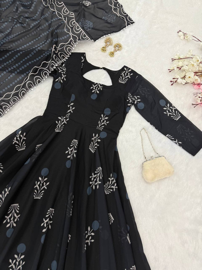 Black Elegant Digital Printed Cotton Anarkali Gown with Dupatta – Full-Length, Ready to Wear ClothsVilla