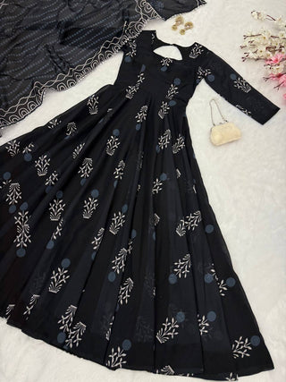 Black Elegant Digital Printed Cotton Anarkali Gown with Dupatta – Full-Length, Ready to Wear ClothsVilla
