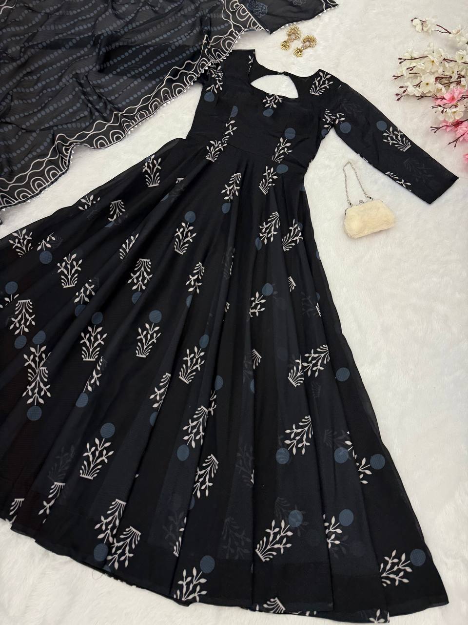 Black Elegant Digital Printed Cotton Anarkali Gown with Dupatta – Full-Length, Ready to Wear ClothsVilla