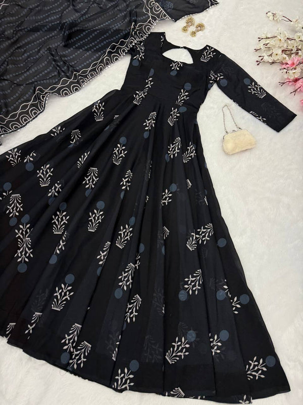 Black Elegant Digital Printed Cotton Anarkali Gown with Dupatta – Full-Length, Ready to Wear ClothsVilla
