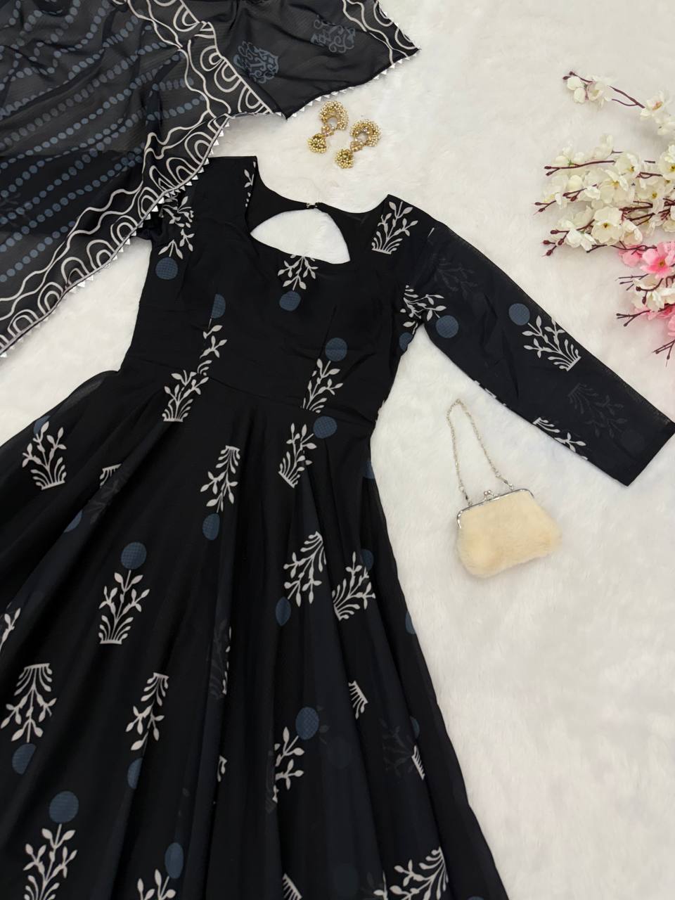 Black Elegant Digital Printed Cotton Anarkali Gown with Dupatta – Full-Length, Ready to Wear ClothsVilla