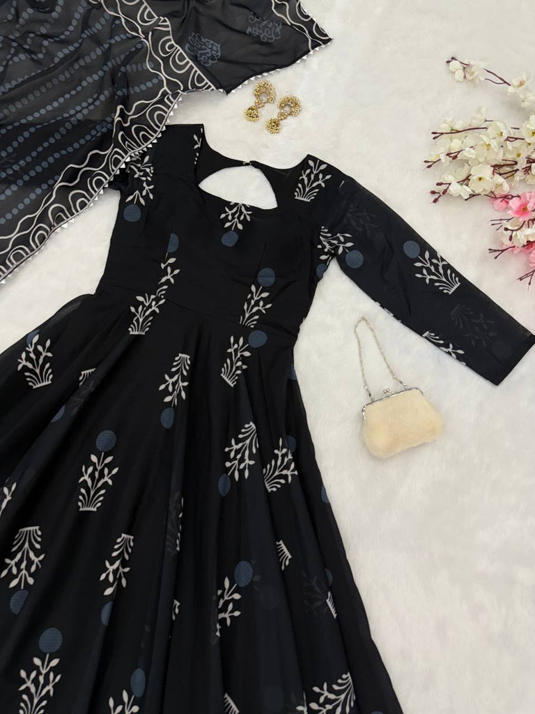 Black Elegant Digital Printed Cotton Anarkali Gown with Dupatta – Full-Length, Ready to Wear ClothsVilla