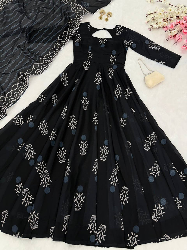 Black Elegant Digital Printed Cotton Anarkali Gown with Dupatta – Full-Length, Ready to Wear ClothsVilla