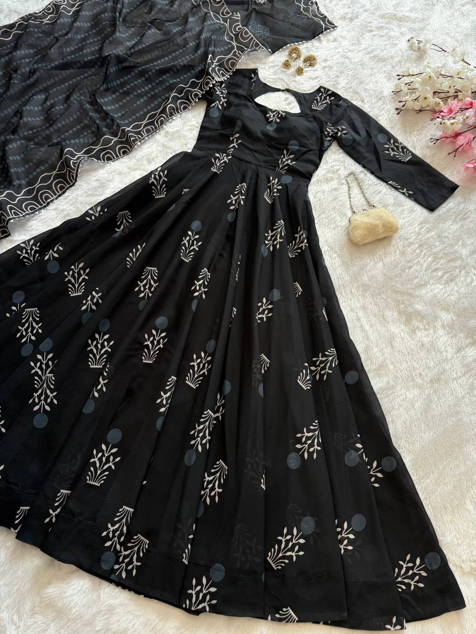 Black Elegant Digital Printed Cotton Anarkali Gown with Dupatta – Full-Length, Ready to Wear ClothsVilla