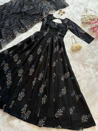 Black Elegant Digital Printed Cotton Anarkali Gown with Dupatta – Full-Length, Ready to Wear ClothsVilla