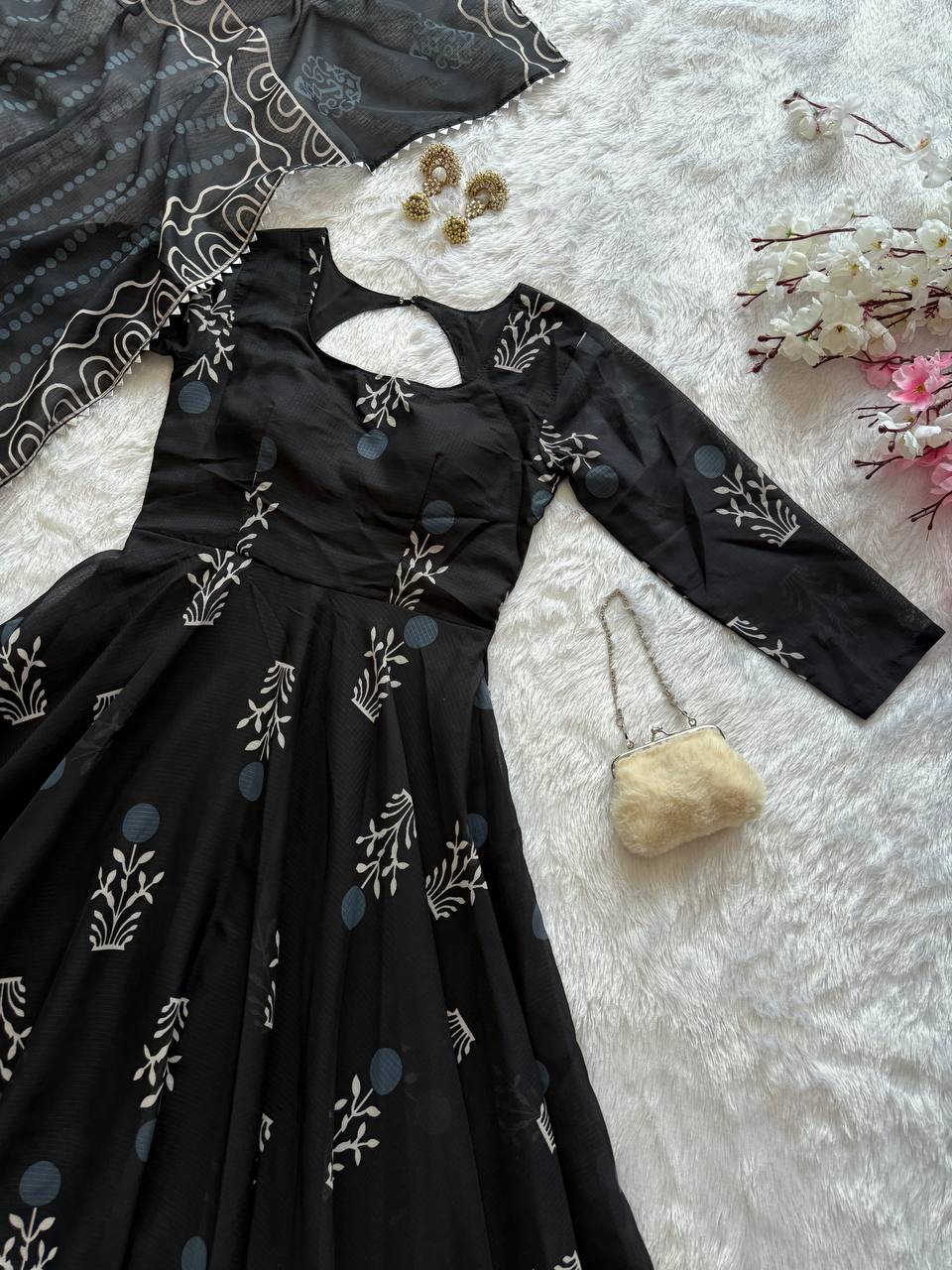 Black Elegant Digital Printed Cotton Anarkali Gown with Dupatta – Full-Length, Ready to Wear ClothsVilla