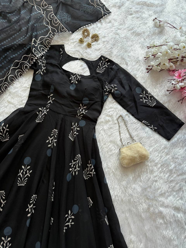 Black Elegant Digital Printed Cotton Anarkali Gown with Dupatta – Full-Length, Ready to Wear ClothsVilla
