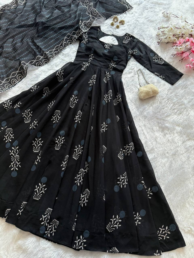 Black Elegant Digital Printed Cotton Anarkali Gown with Dupatta – Full-Length, Ready to Wear ClothsVilla