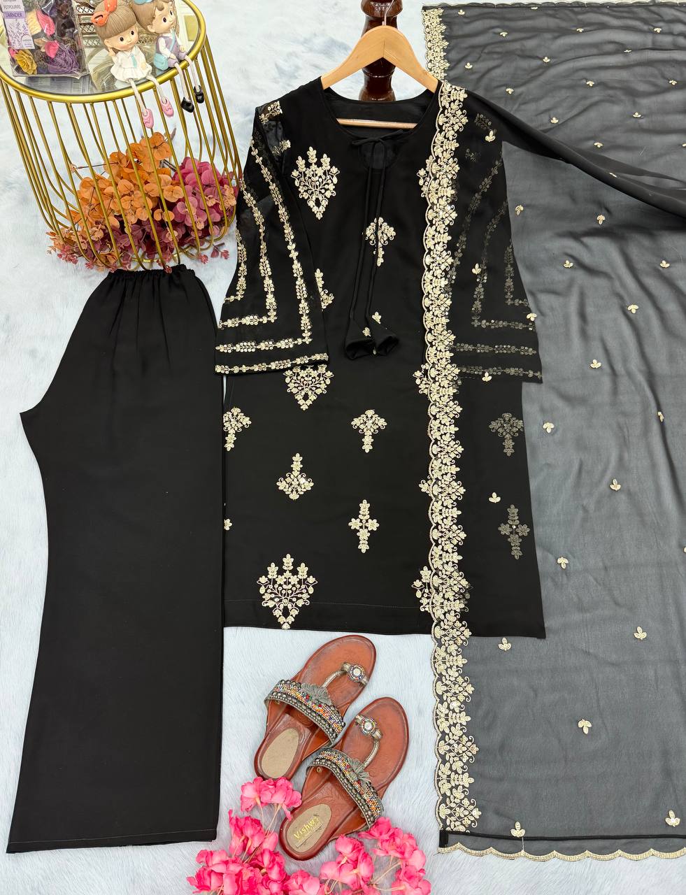 Black Elegant Embroidered Faux Georgette Top, Plazzo & Dupatta Set ClothsVilla
