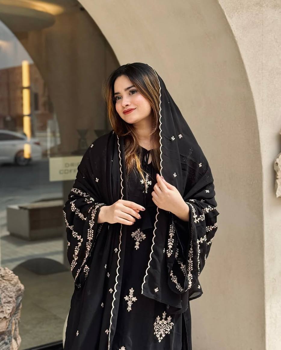 Black Elegant Embroidered Faux Georgette Top, Plazzo & Dupatta Set ClothsVilla
