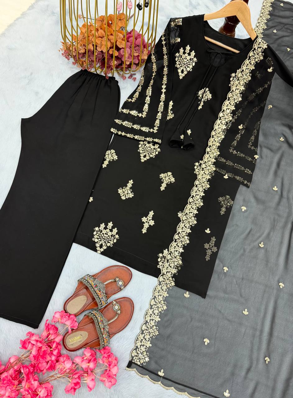 Black Elegant Embroidered Faux Georgette Top, Plazzo & Dupatta Set ClothsVilla