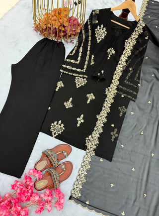Black Elegant Embroidered Faux Georgette Top, Plazzo & Dupatta Set ClothsVilla