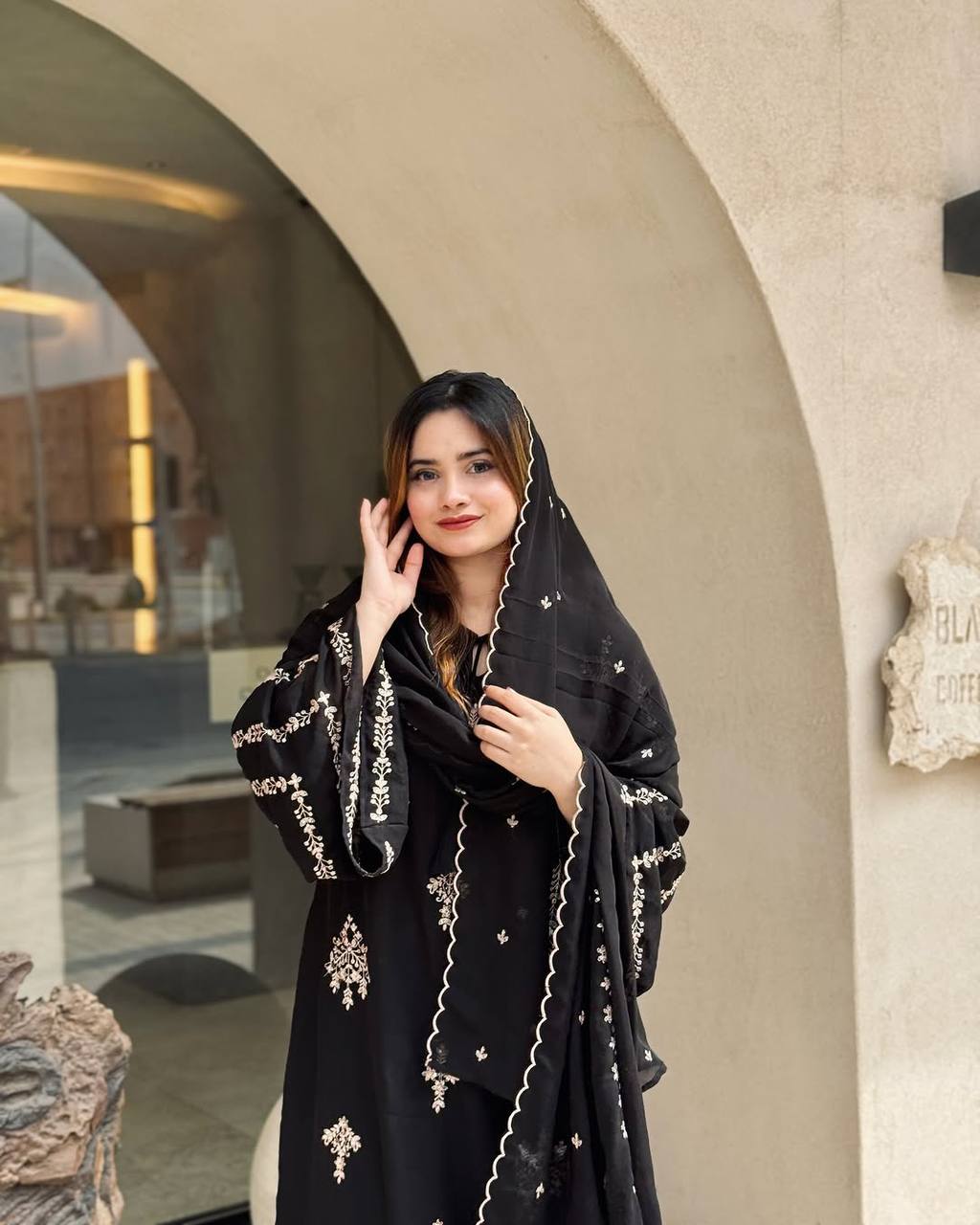 Black Elegant Embroidered Faux Georgette Top, Plazzo & Dupatta Set ClothsVilla