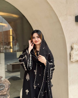 Black Elegant Embroidered Faux Georgette Top, Plazzo & Dupatta Set ClothsVilla