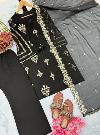Black Elegant Embroidered Faux Georgette Top, Plazzo & Dupatta Set ClothsVilla