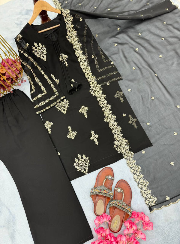 Black Elegant Embroidered Faux Georgette Top, Plazzo & Dupatta Set ClothsVilla