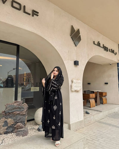 Black Elegant Embroidered Faux Georgette Top, Plazzo & Dupatta Set ClothsVilla