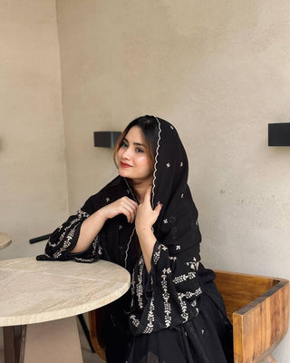 Black Elegant Embroidered Faux Georgette Top, Plazzo & Dupatta Set ClothsVilla