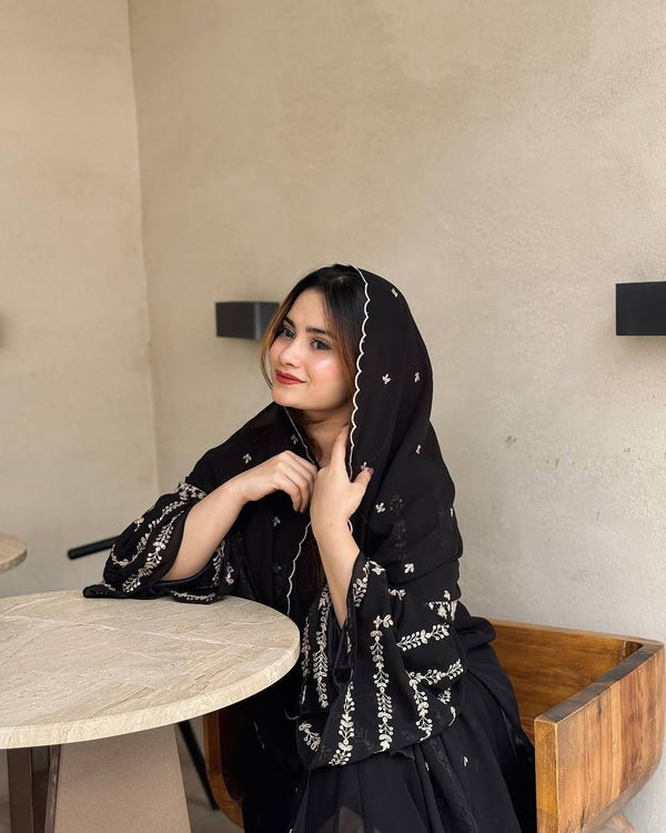 Black Elegant Embroidered Faux Georgette Top, Plazzo & Dupatta Set ClothsVilla