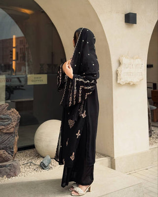 Black Elegant Embroidered Faux Georgette Top, Plazzo & Dupatta Set ClothsVilla