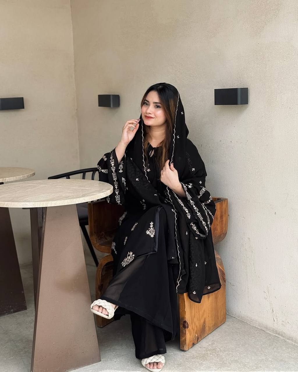Black Elegant Embroidered Faux Georgette Top, Plazzo & Dupatta Set ClothsVilla