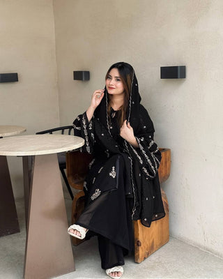 Black Elegant Embroidered Faux Georgette Top, Plazzo & Dupatta Set ClothsVilla