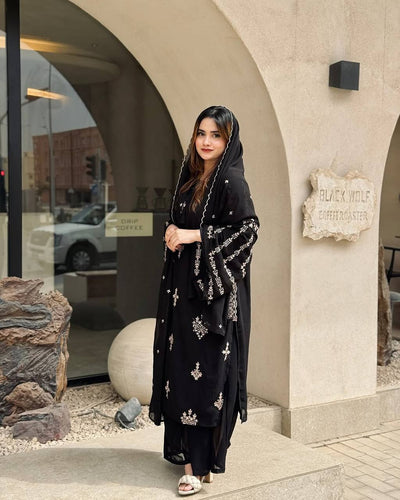 Black Elegant Embroidered Faux Georgette Top, Plazzo & Dupatta Set ClothsVilla
