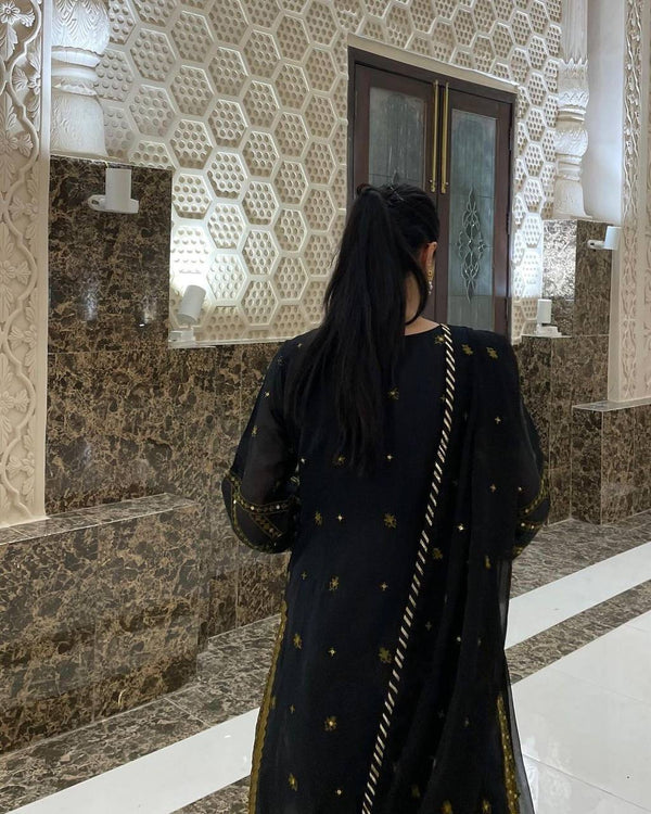 Black Elegant Embroidered Georgette Suit Set ClothsVilla