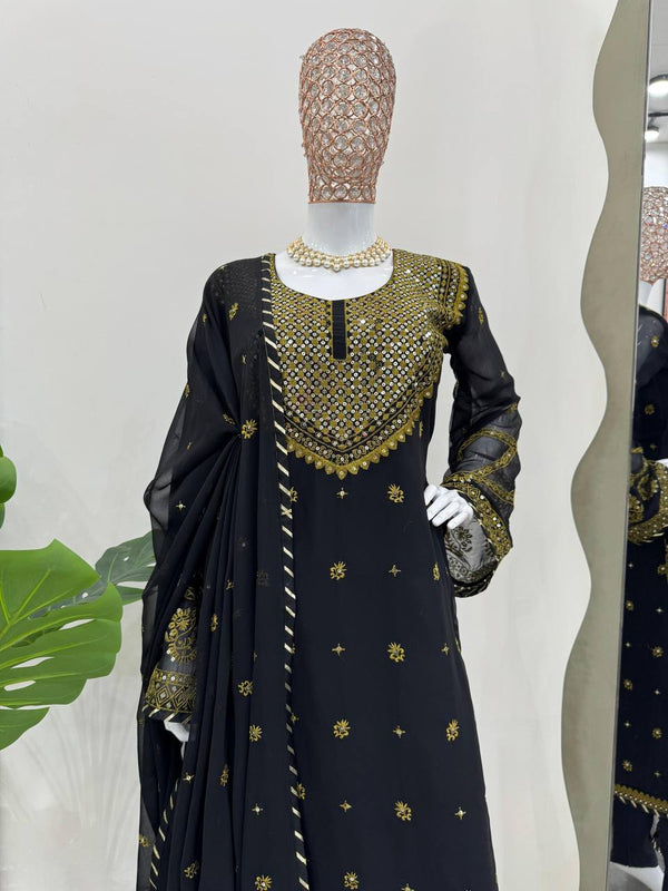 Black Elegant Embroidered Georgette Suit Set ClothsVilla