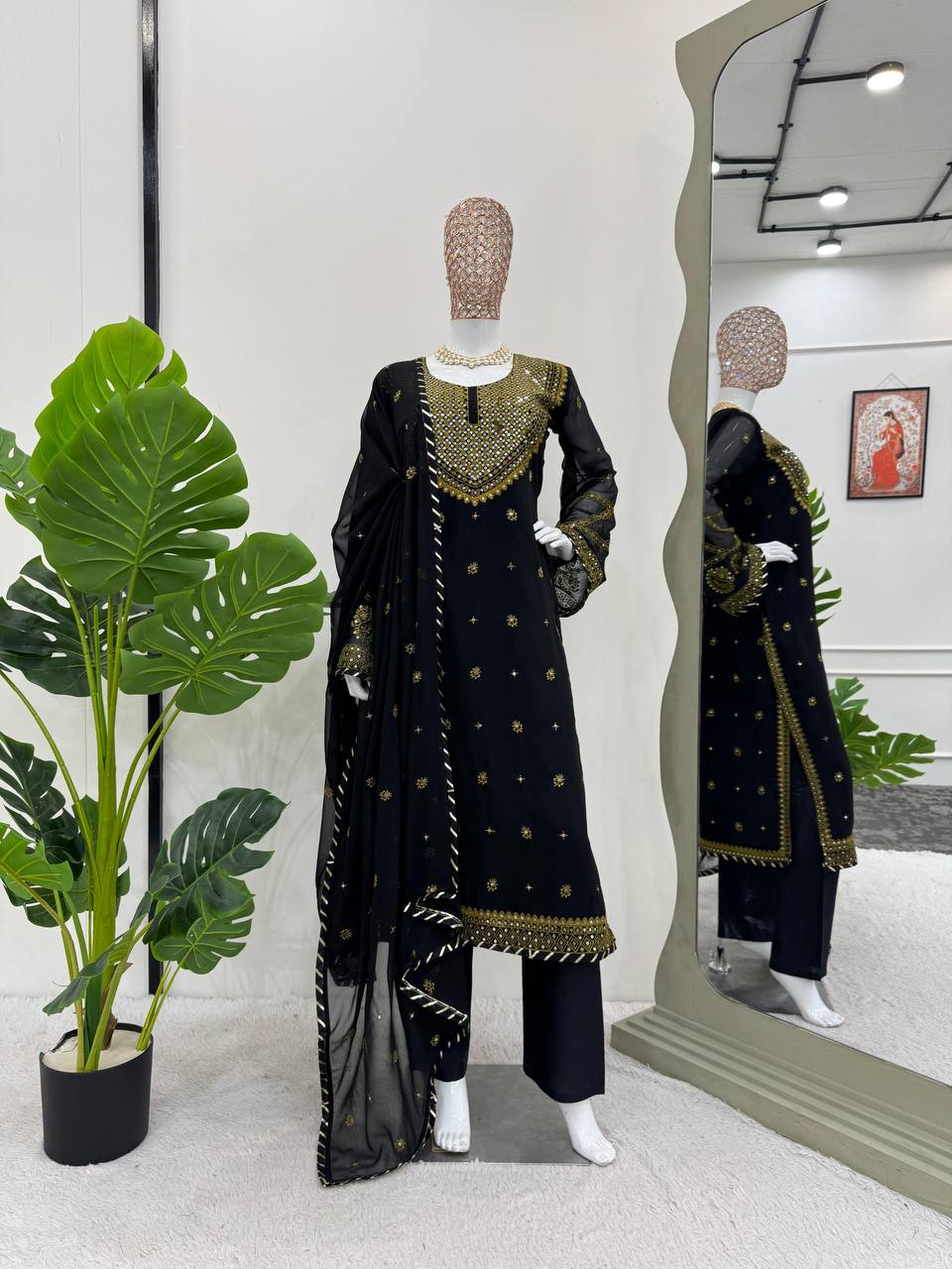 Black Elegant Embroidered Georgette Suit Set ClothsVilla