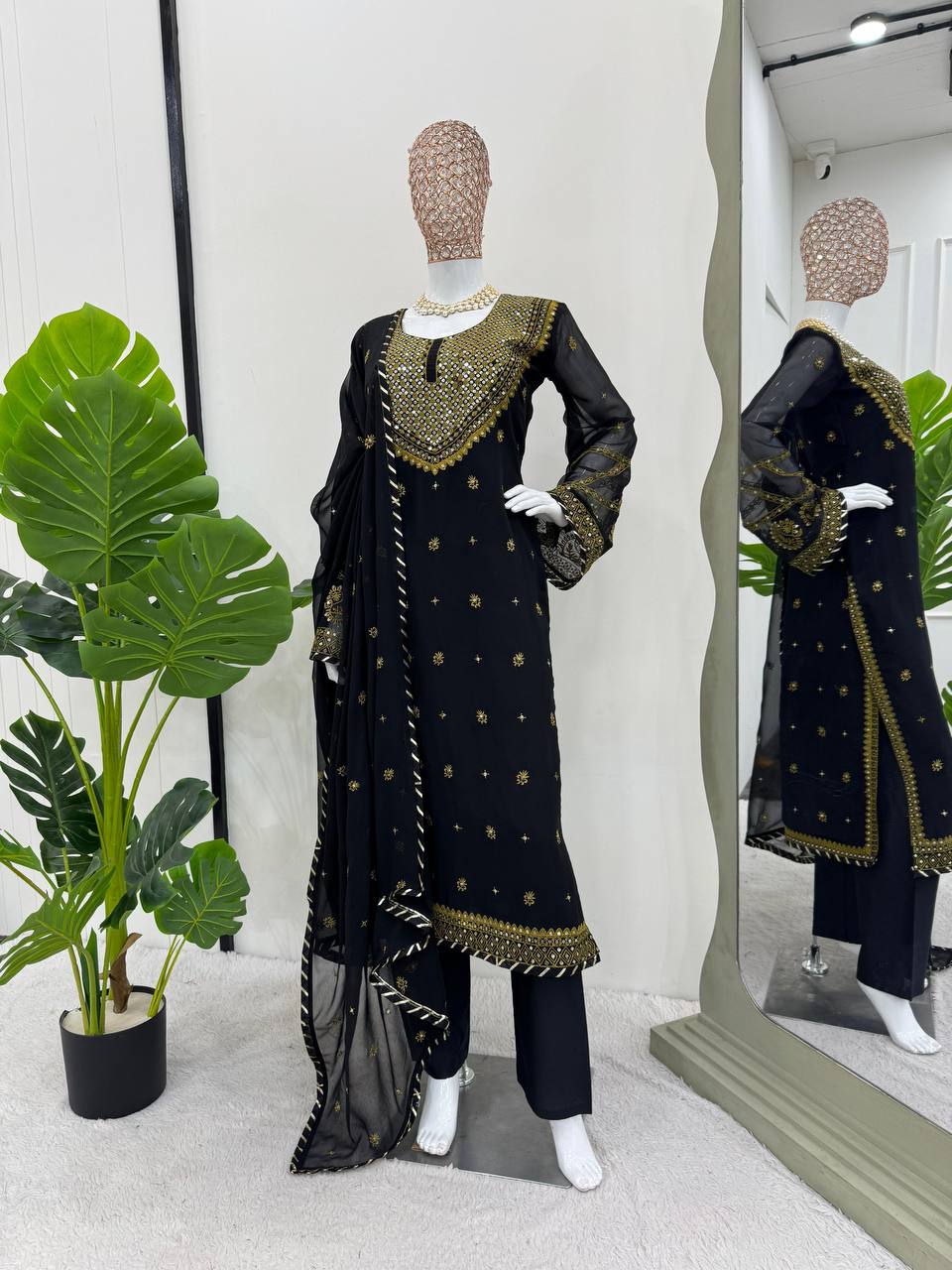 Black Elegant Embroidered Georgette Suit Set ClothsVilla