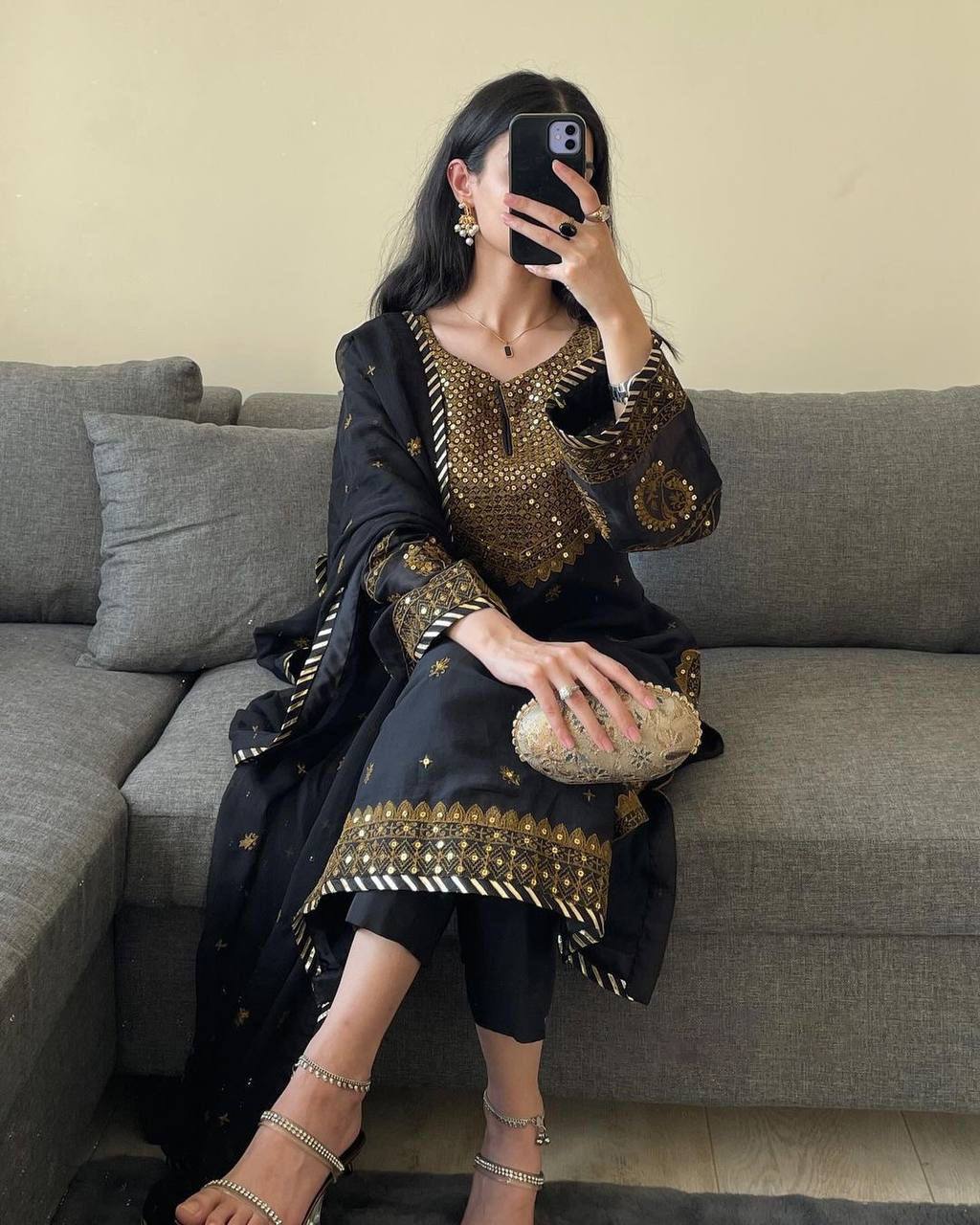Black Elegant Embroidered Georgette Suit Set ClothsVilla