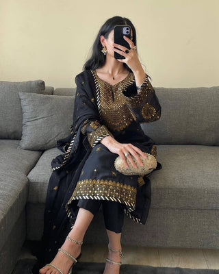 Black Elegant Embroidered Georgette Suit Set ClothsVilla