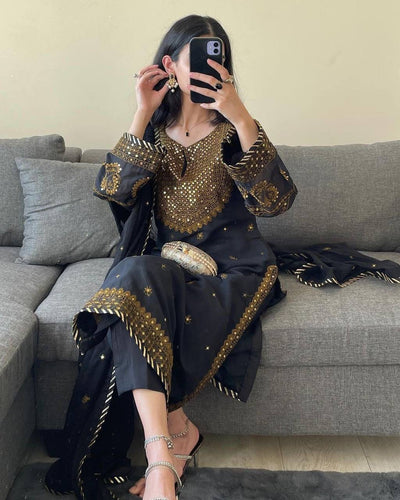 Black Elegant Embroidered Georgette Suit Set ClothsVilla